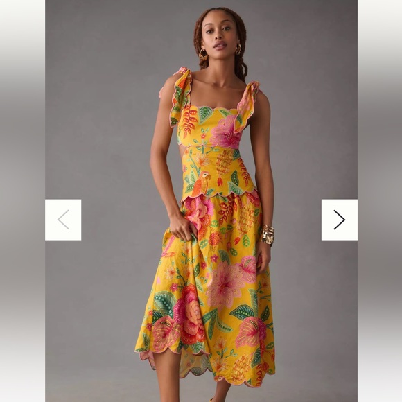 FARM RIO PRINTED SCALLOPED CUTOUT DRESS- Yellow- Size XS - Picture 1 of 4